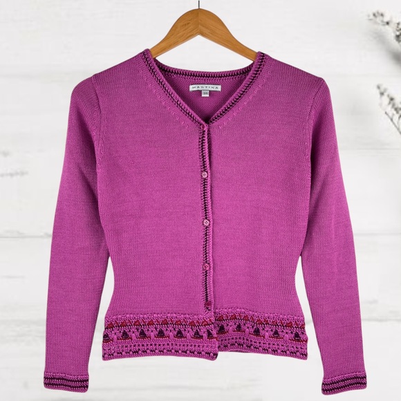 MASTINA Cardigan Wool Blend knitted Fuchsia Crochet Detail Sweater - Picture 1 of 14